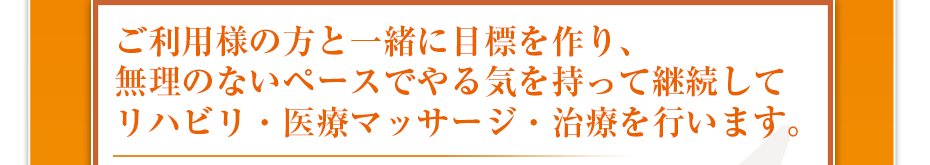 ご利用様の方と一緒に目標を作り、無理のないペースでやる気を持って継続してリハビリ・医療マッサージ・治療を行います。