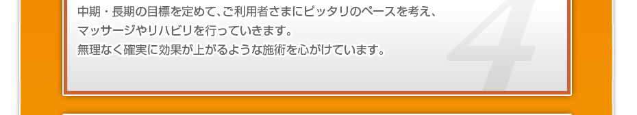 中期・長期の目標を定めて、ご利用者さまにピッタリのペースを考え、マッサージやリハビリを行っていきます。無理なく確実に効果が上がるような施術を心がけています。